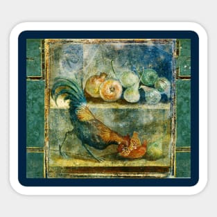 COCKEREL PECKING AT POMEGRANATES,FIGS AND PEARS ANTIQUE POMPEII MURAL PAINTING WITH FRUITS Sticker